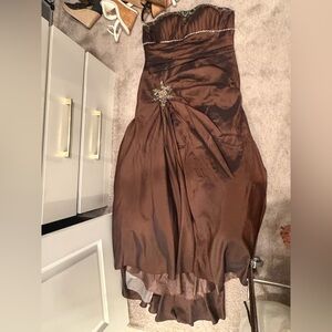 Elegant Brown Satin Evening Dress with Embellished Detail